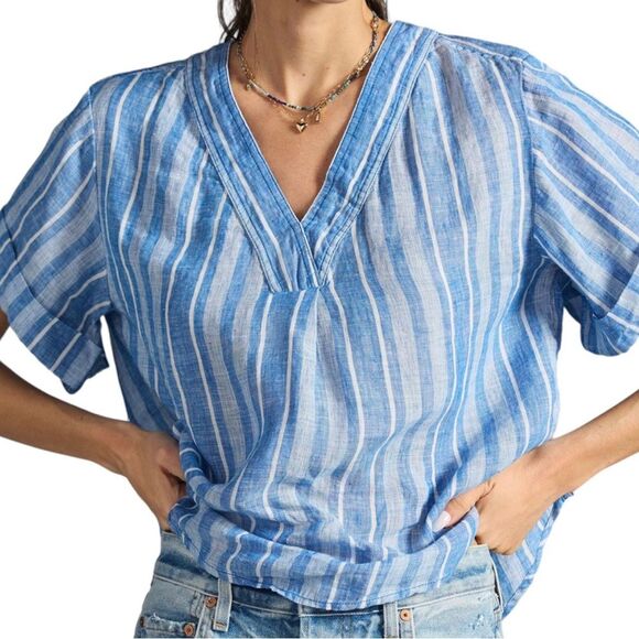 NWT Anthropologie Pilcro Linen Henley Surf Shirt size XL. Blue white striped New - Picture 1 of 15
